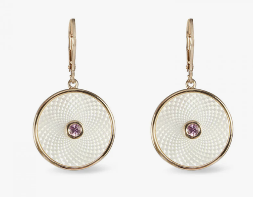 DEAKING & FRANCIS White mother of pearl Dreamcatcher earrings with pink sapphire gem